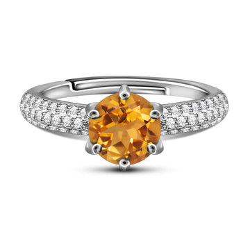 Elegant Luminous Natural Orangish Yellow Citrine Sterling Silver Pave Ring